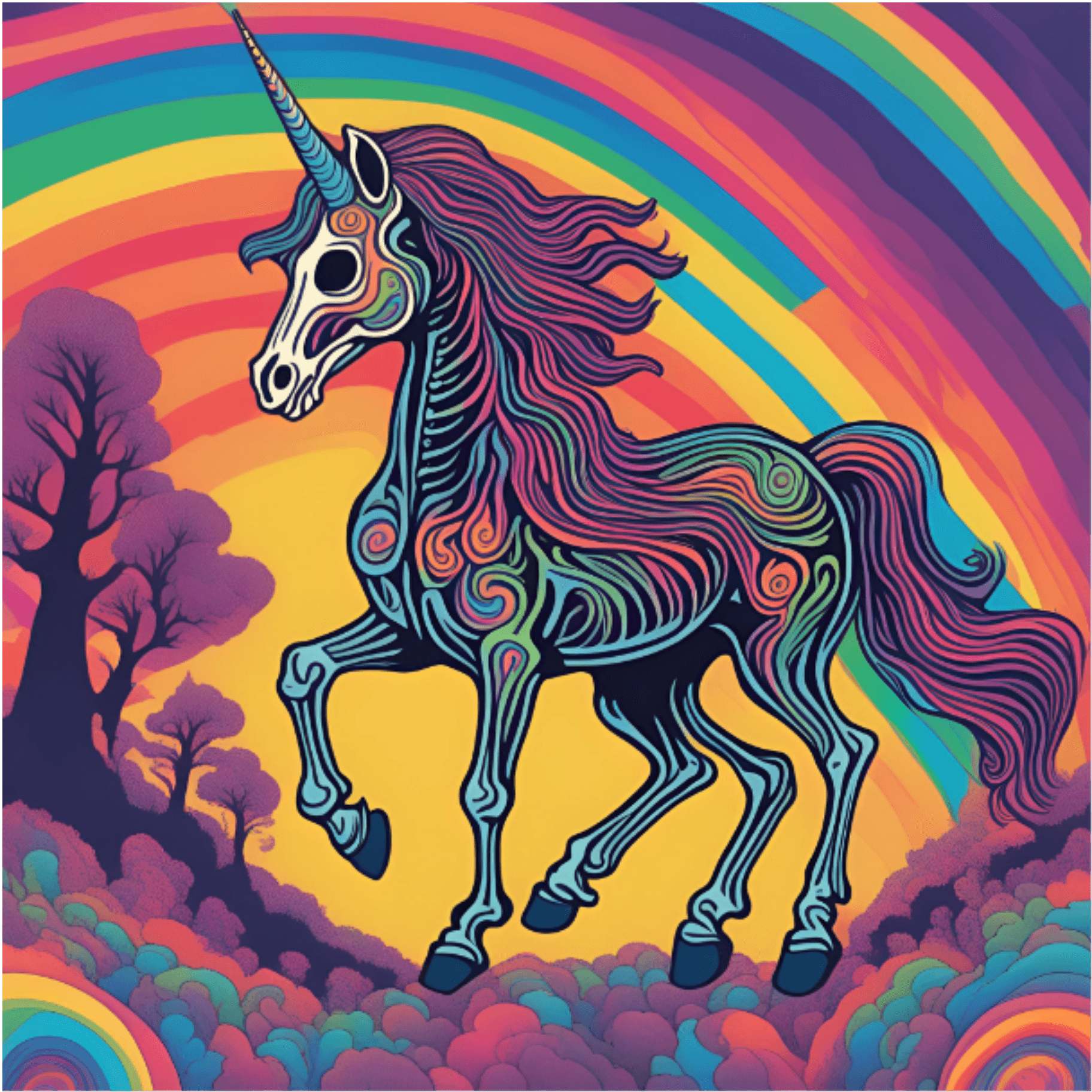Grimicorn — skeletal rainbow unicorn